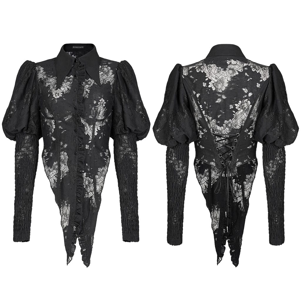 Punk Rave Women's Gothic Puff Sleeved Floral Lace Shirt