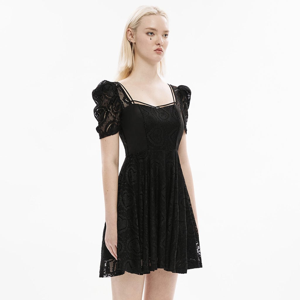 PUNK RAVE Women's Gothic Puff Sleeved Lace Splice Dress