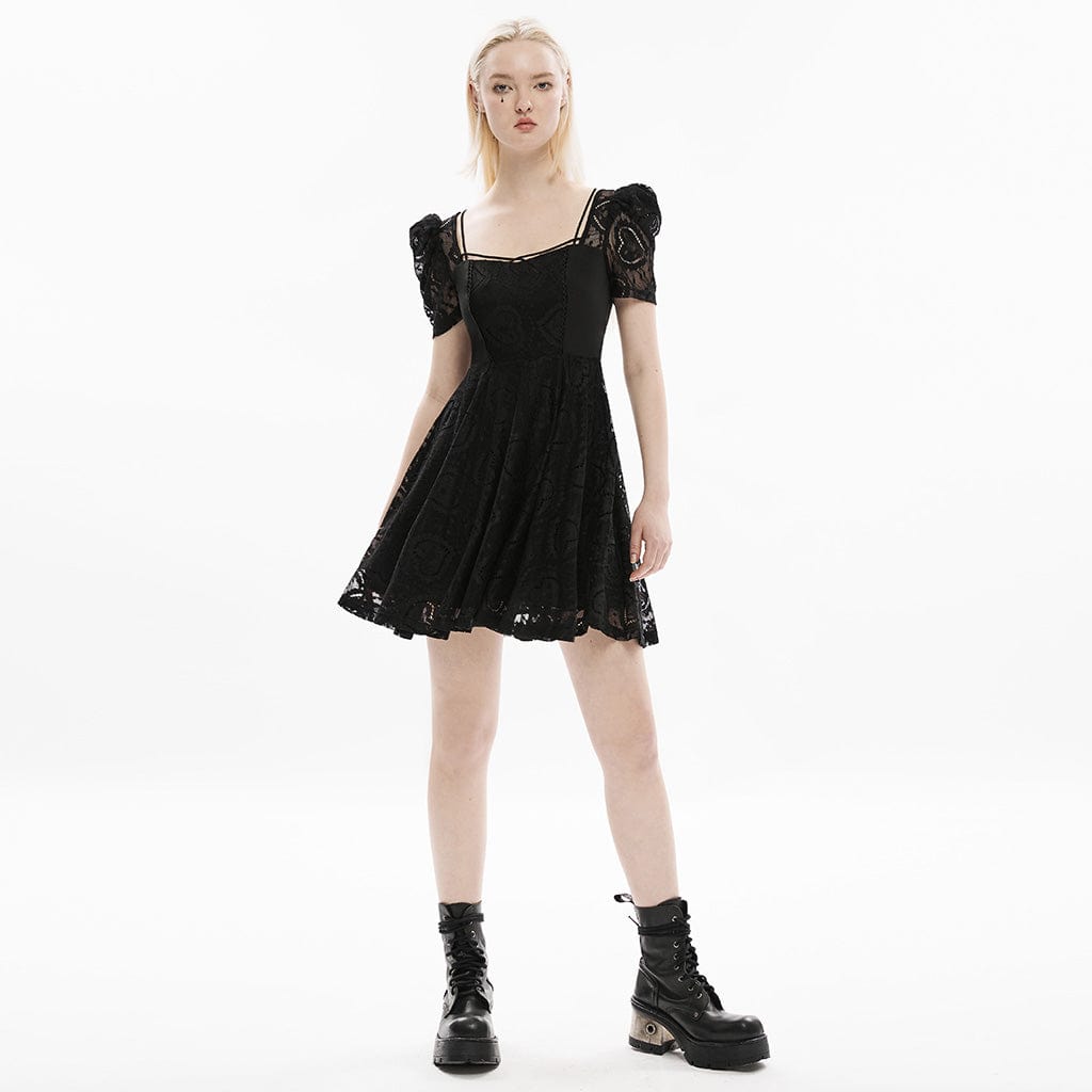 PUNK RAVE Women's Gothic Puff Sleeved Lace Splice Dress