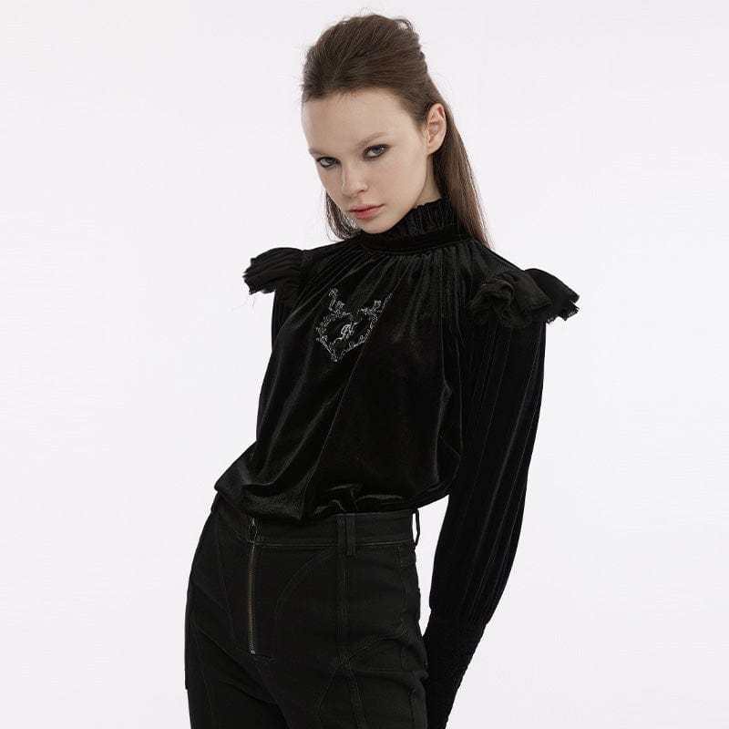 PUNK RAVE Women's Gothic Puff Sleeved Ruffled Velvet Shirt