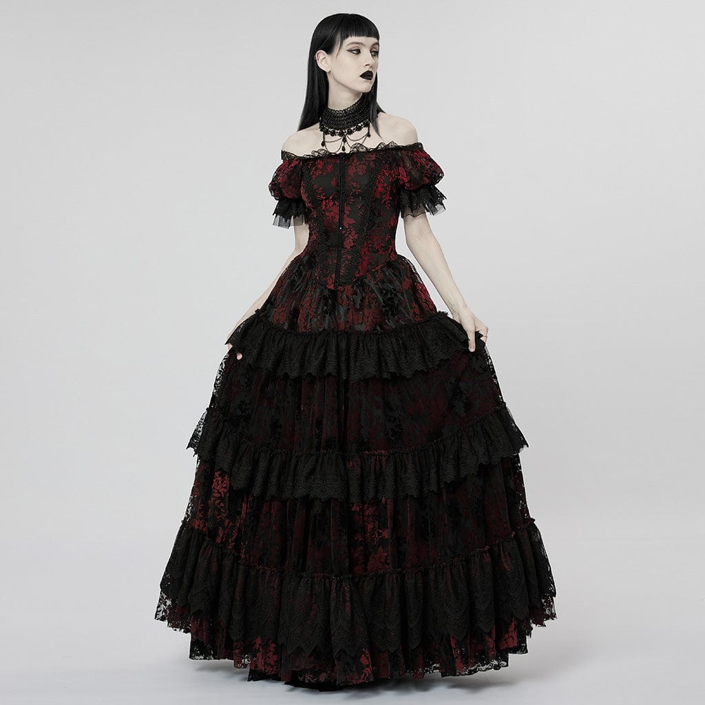 PUNK RAVE Women's Gothic Puff Sleeved Ruffles Lace Dress