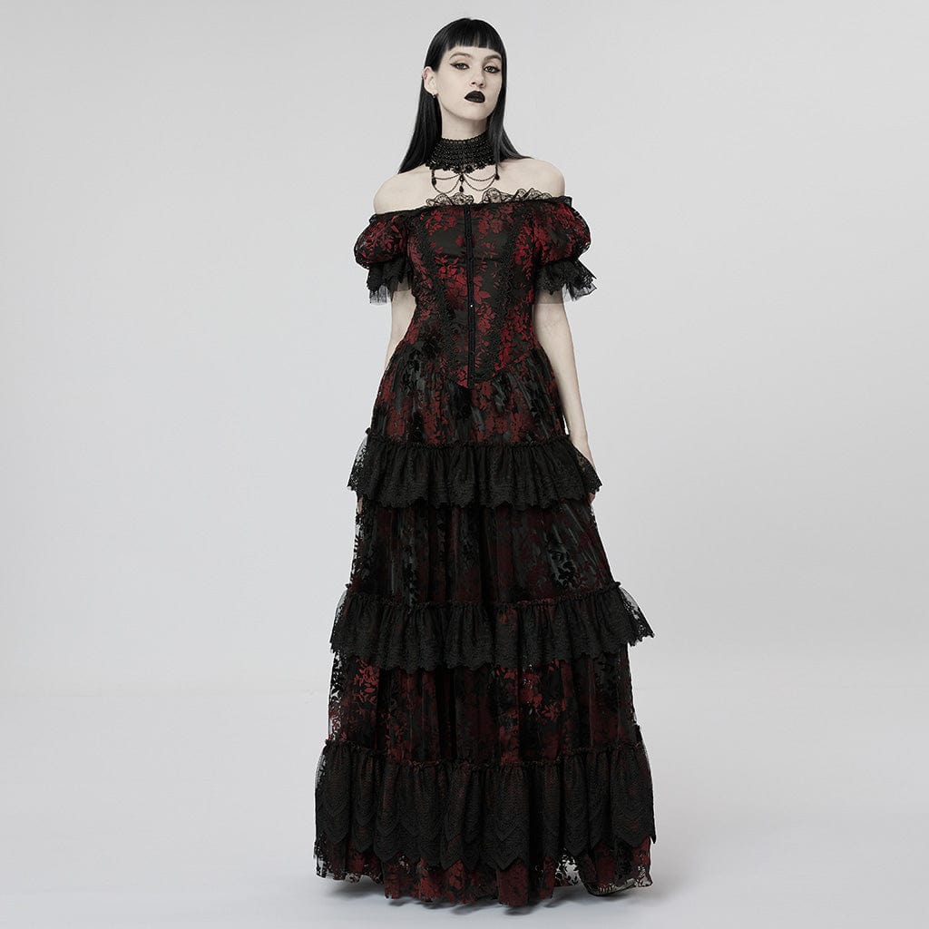 PUNK RAVE Women's Gothic Puff Sleeved Ruffles Lace Dress