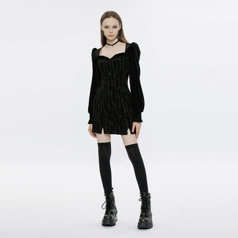 PUNK RAVE Women's Gothic Puff Sleeved Split Velvet Dress