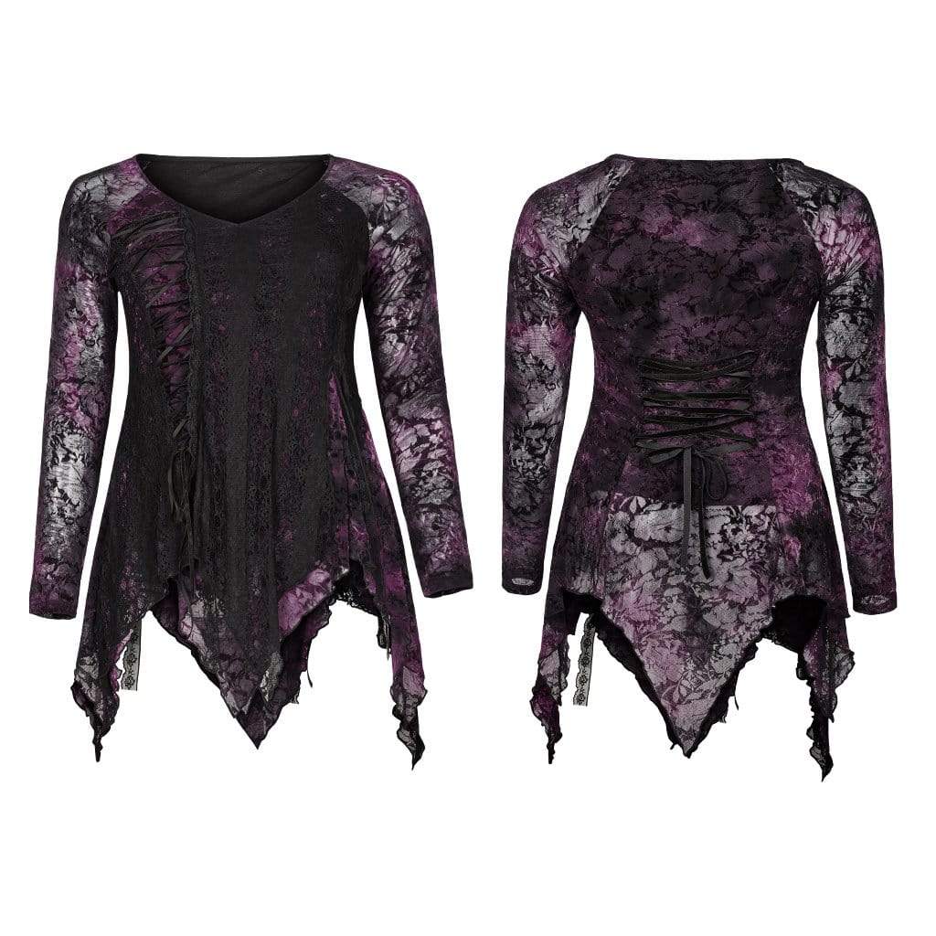 Women's Gothic Punk Black and Violet Long Sleeved Asymmetrical Hemline Top