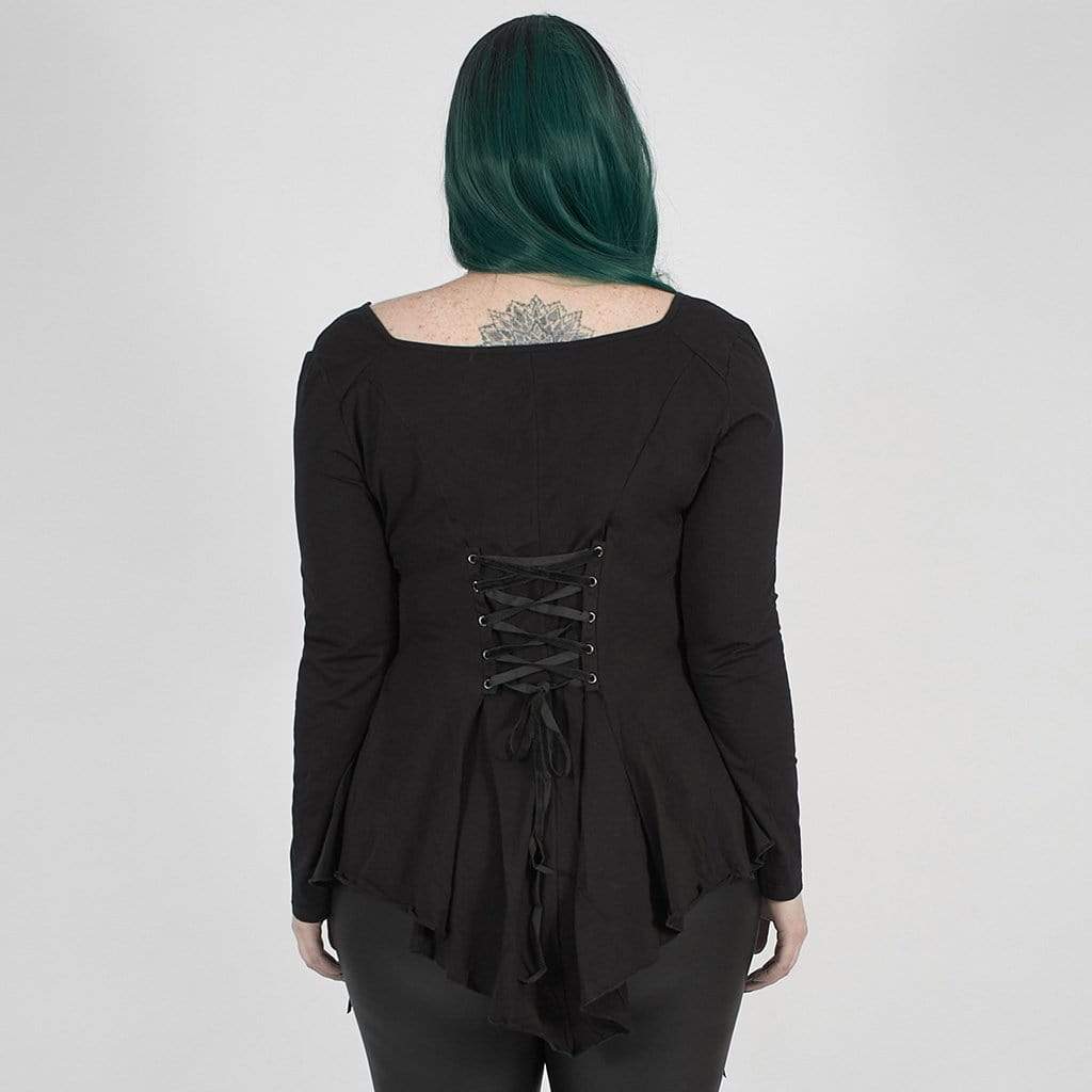 Women's Gothic Punk Black Asymmetrical Full Sleeve Top with Scoop Neck