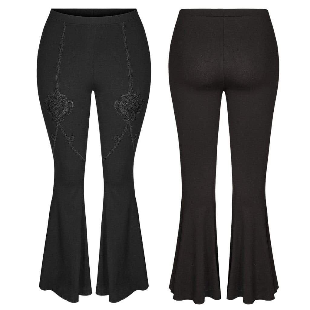 Women's Plus Size Gothic Punk Black Flower Embroidered Flared Pants