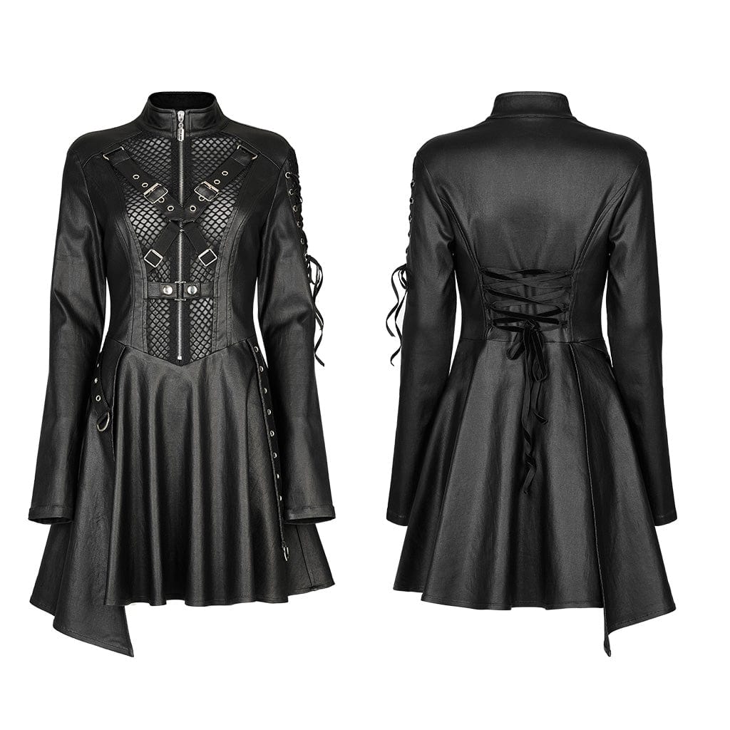 PUNK RAVE Women's Gothic Punk Front Zip Faux Leather Long Sleeved Dress