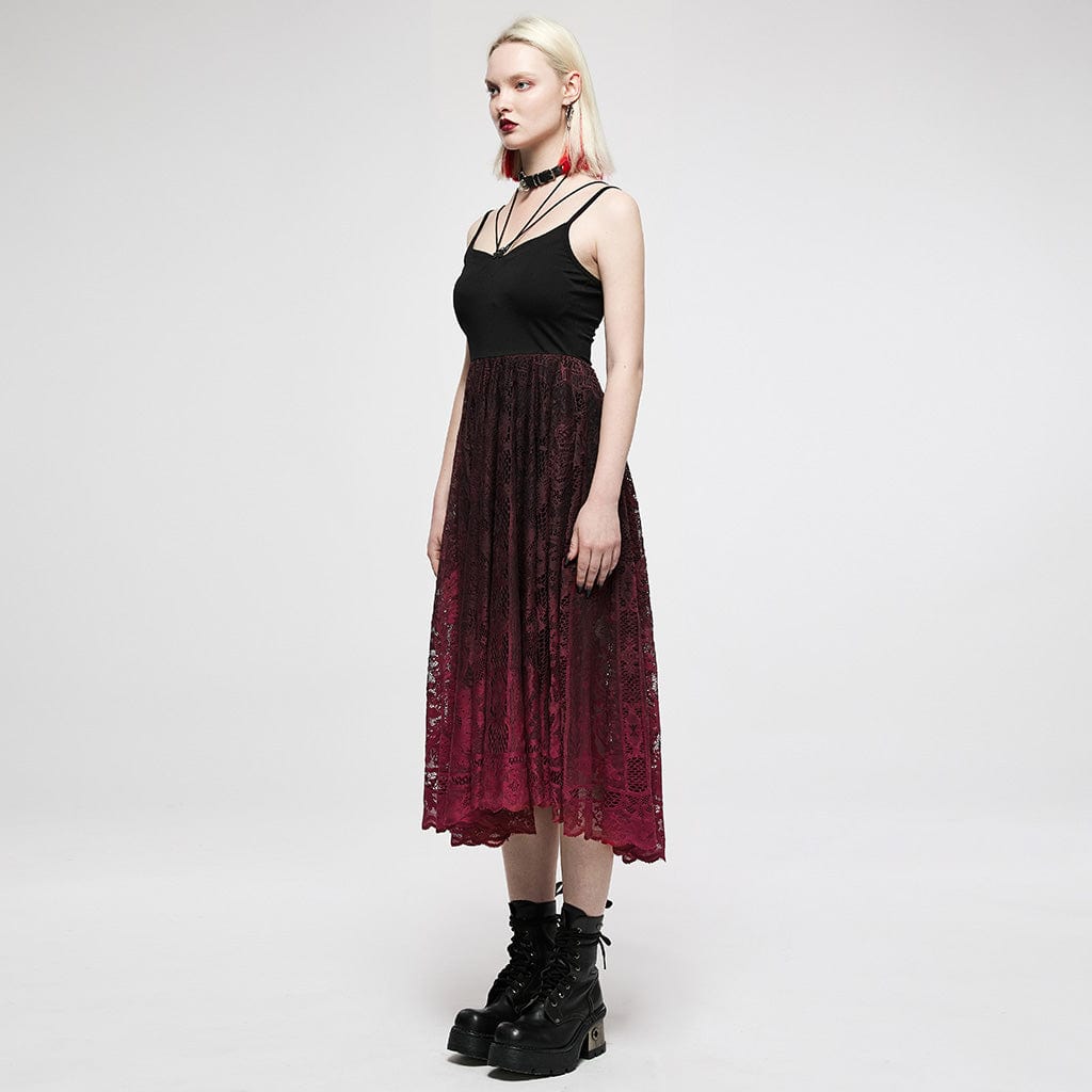 Punk Rave Women's Gothic Red Gradient Floral Lace Slip Dress