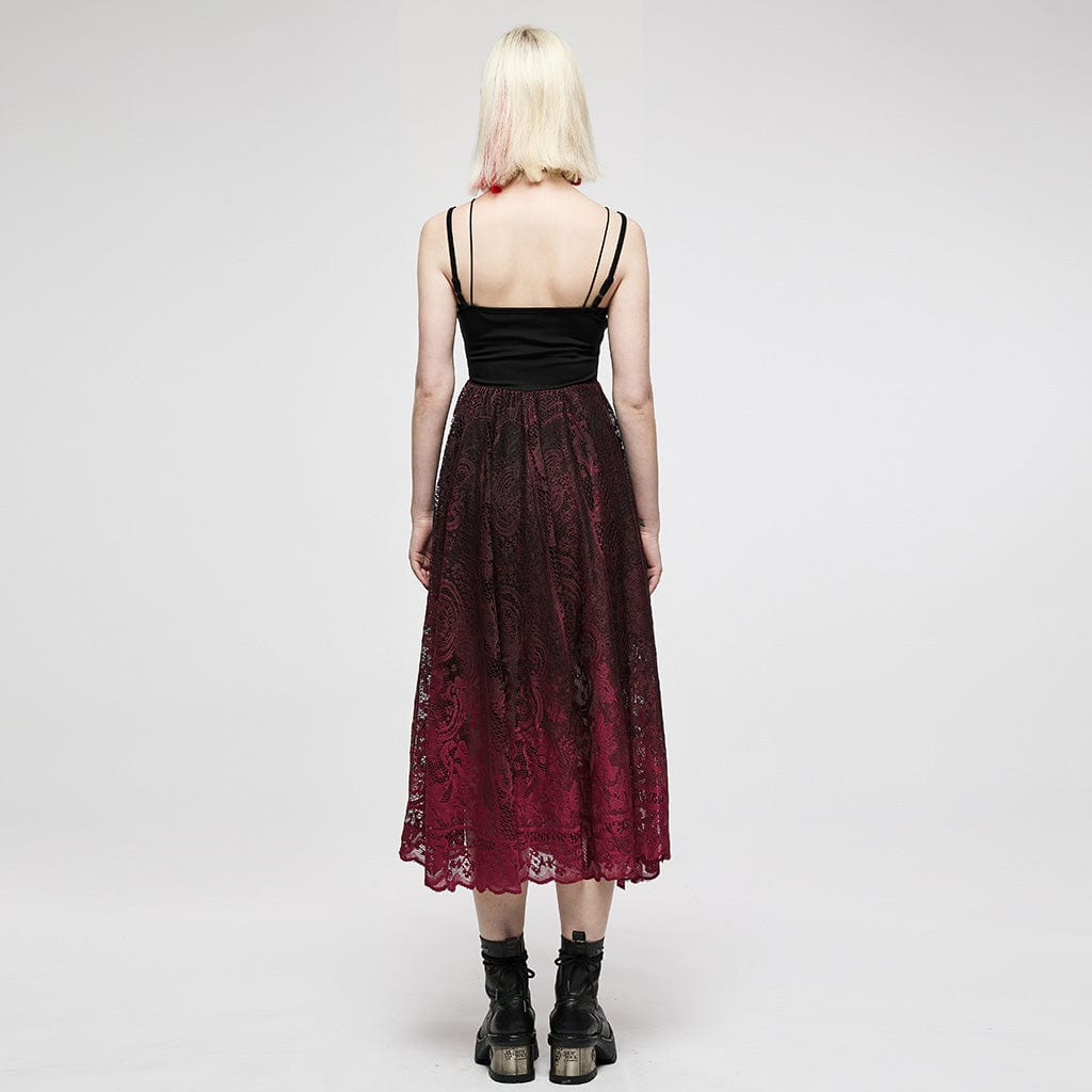 Punk Rave Women's Gothic Red Gradient Floral Lace Slip Dress