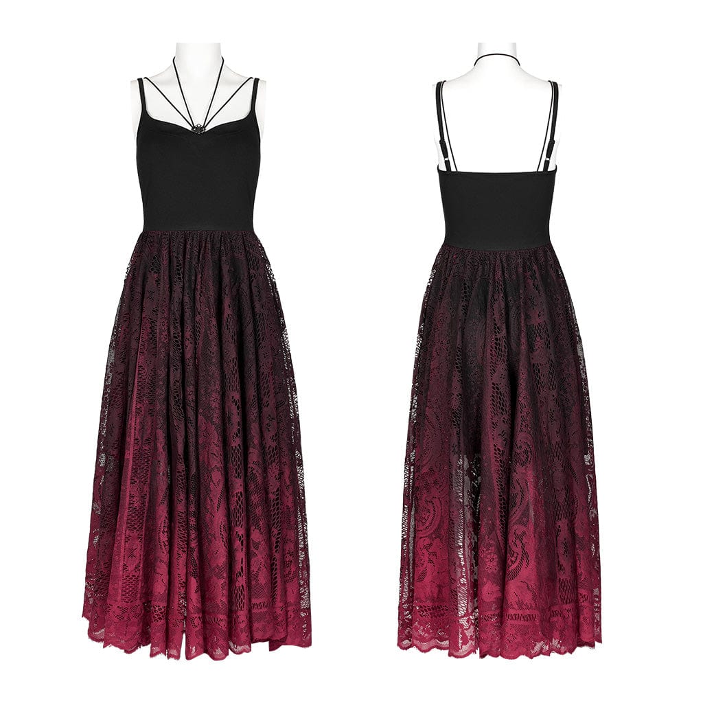 Punk Rave Women's Gothic Red Gradient Floral Lace Slip Dress