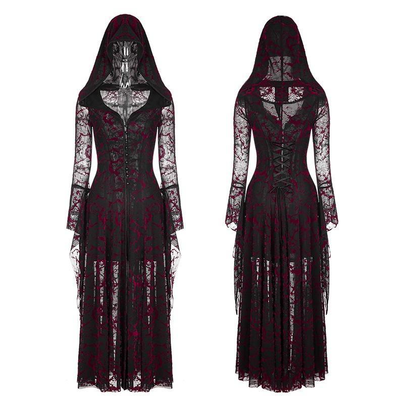 Women's Gothic Ribbon Trim Sheer Lace Flame Long Dress