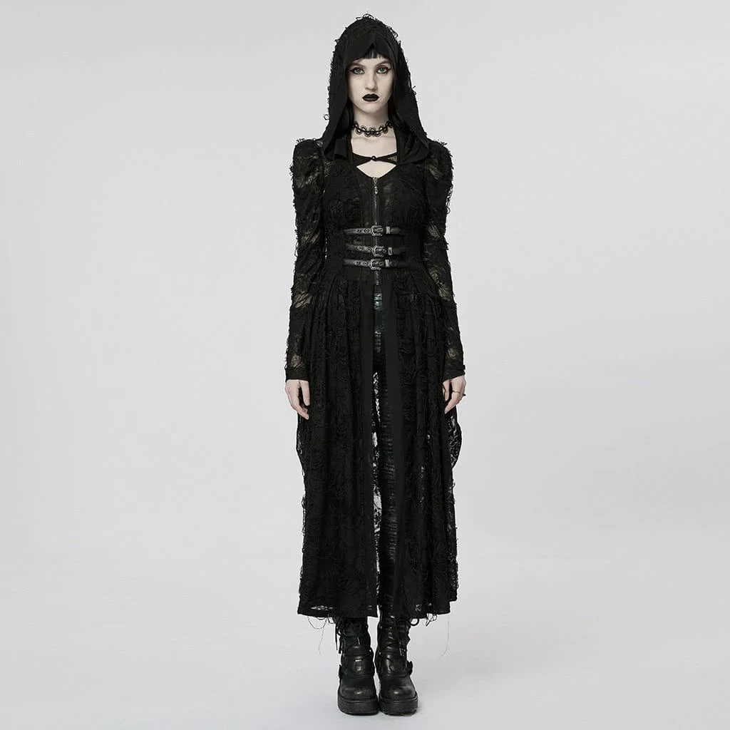 PUNK RAVE Women's Gothic Ripped Two-piece Coat with Hood