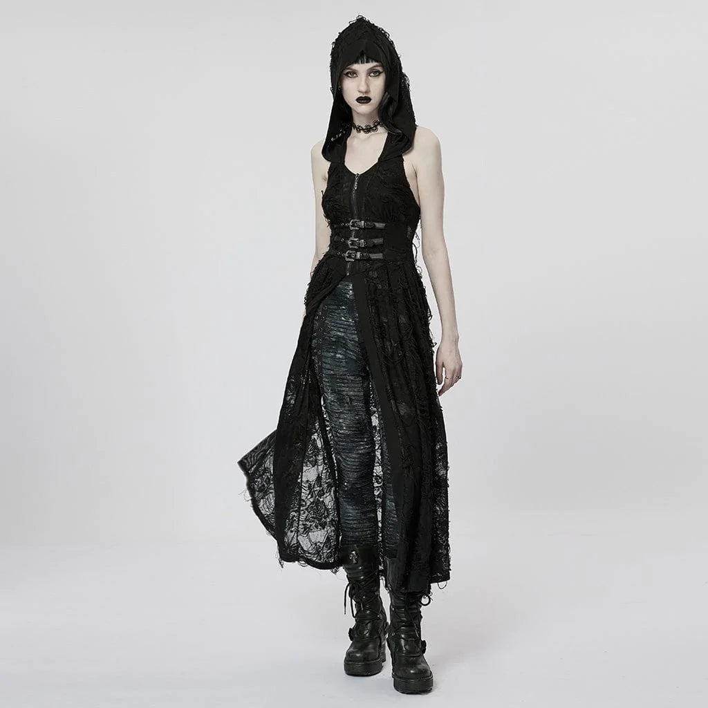 PUNK RAVE Women's Gothic Ripped Two-piece Coat with Hood