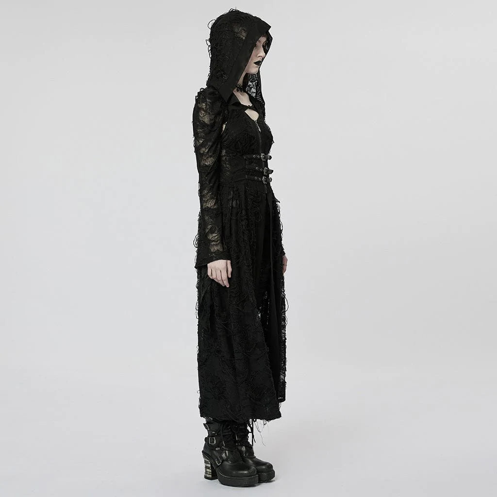 PUNK RAVE Women's Gothic Ripped Two-piece Coat with Hood