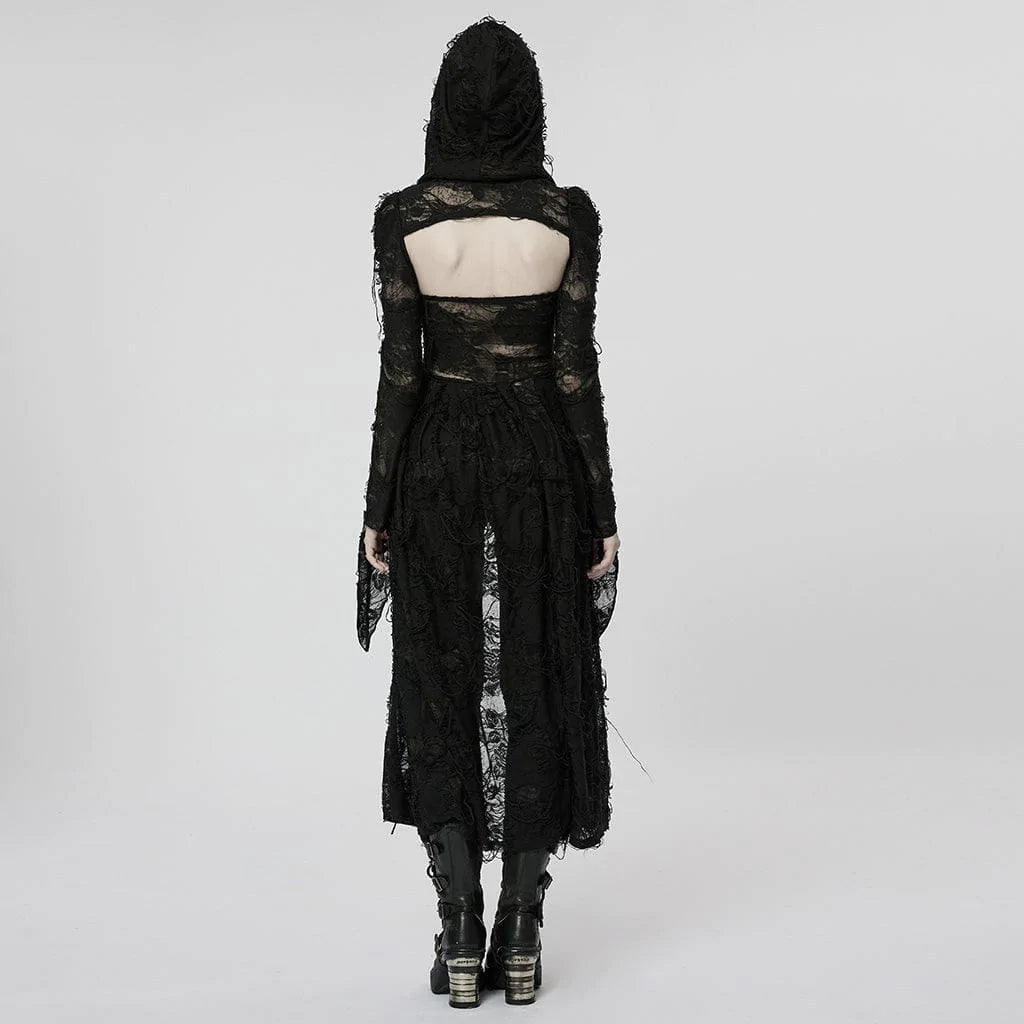 PUNK RAVE Women's Gothic Ripped Two-piece Coat with Hood