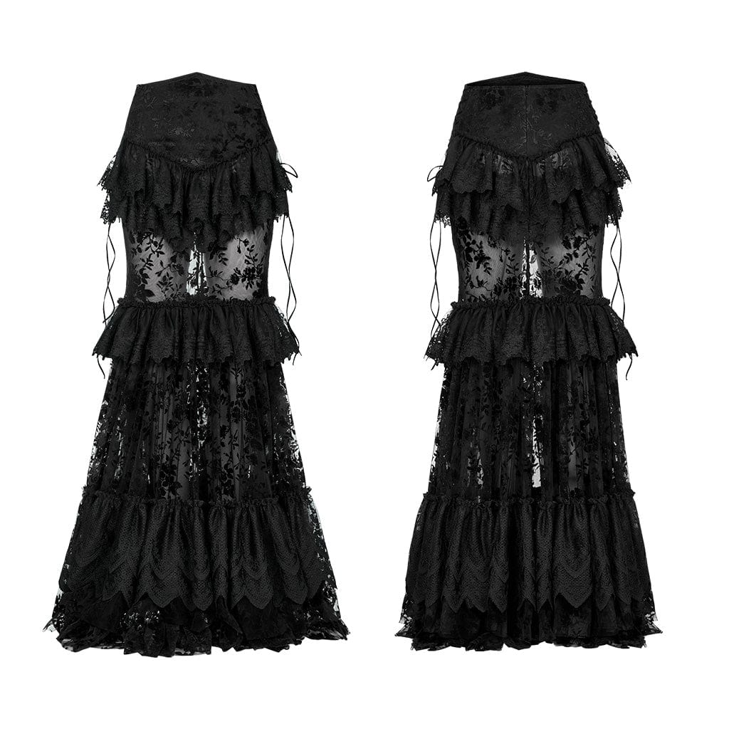 PUNK RAVE Women's Gothic Ruffles Layered Lace Skirt