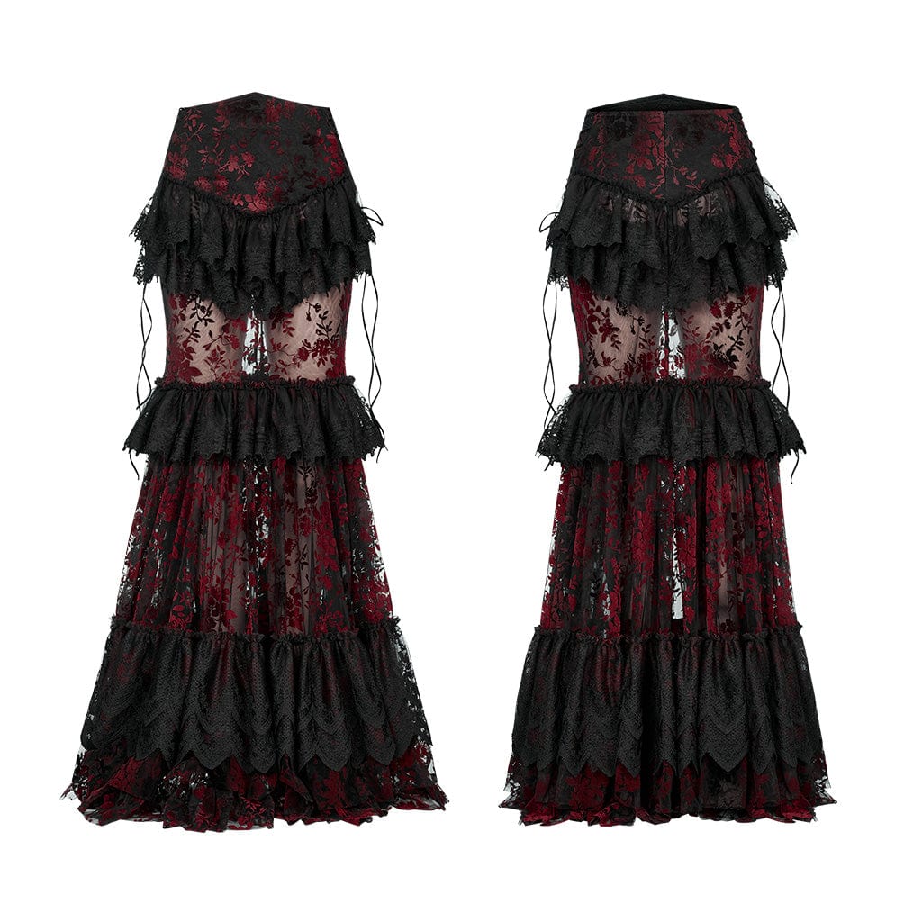 PUNK RAVE Women's Gothic Ruffles Layered Lace Skirt