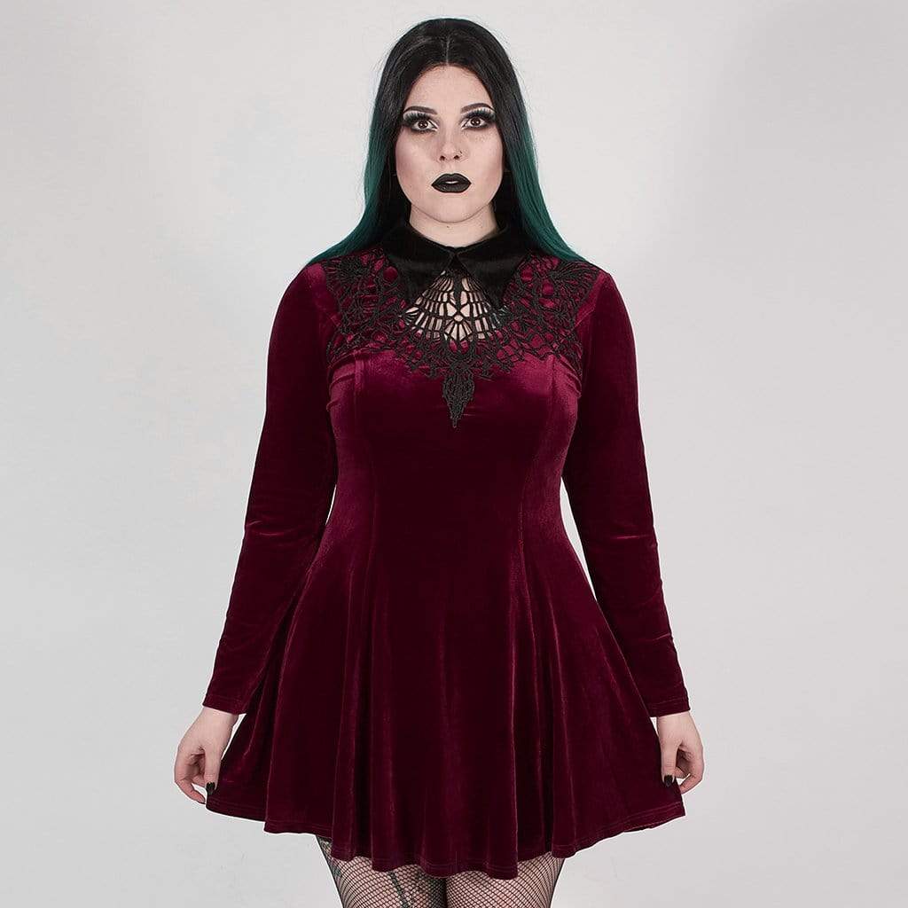 Women's Plus Size Gothic Scarlet And Black Short Collared Dress