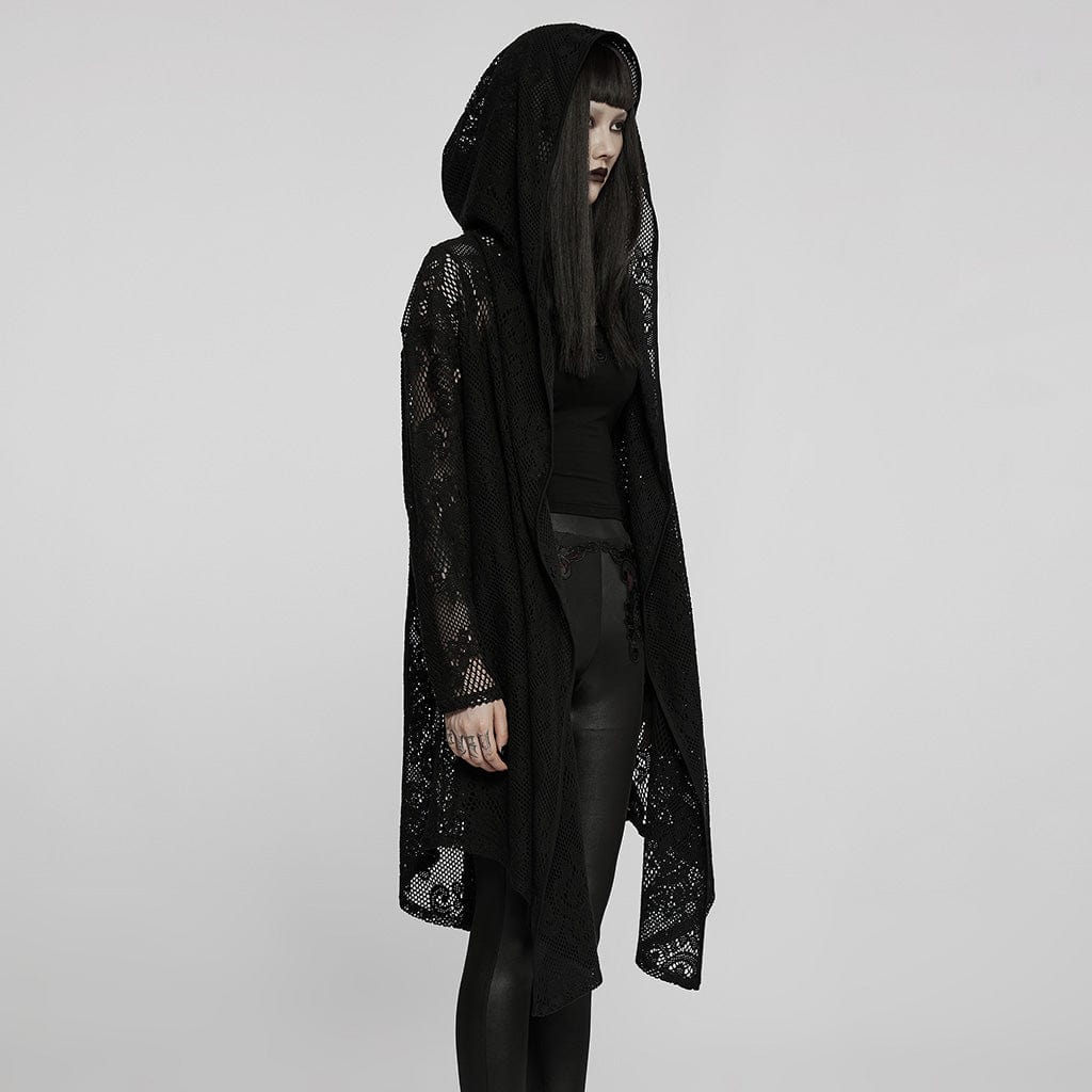 PUNK RAVE Women's Gothic Sheer Floral Mesh Long Coat with Hood