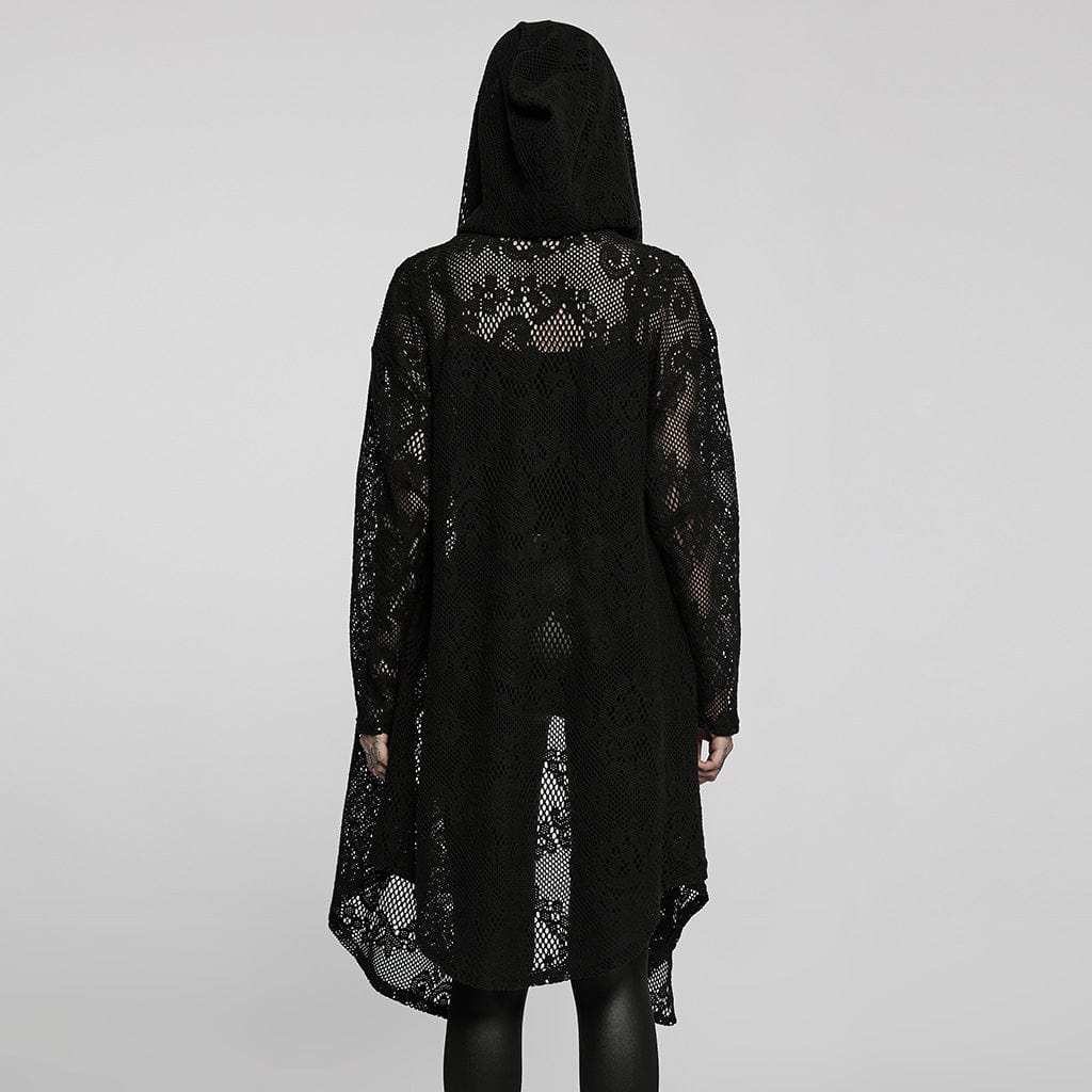 PUNK RAVE Women's Gothic Sheer Floral Mesh Long Coat with Hood