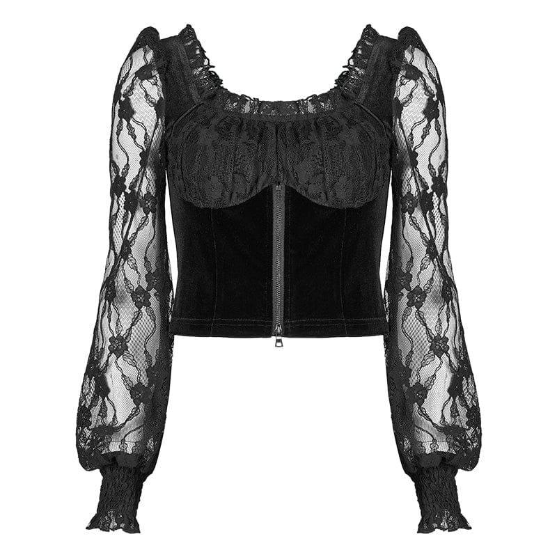 PUNK RAVE Women's Gothic Sheer Sleeved Floral Lace Top