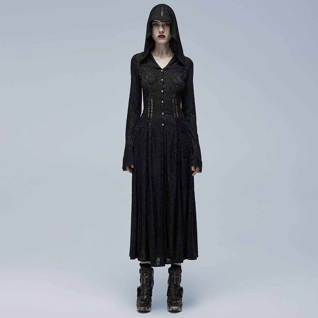 Punk Rave Women's Gothic Slim Fitted Cutout Maxi Dress with Hood
