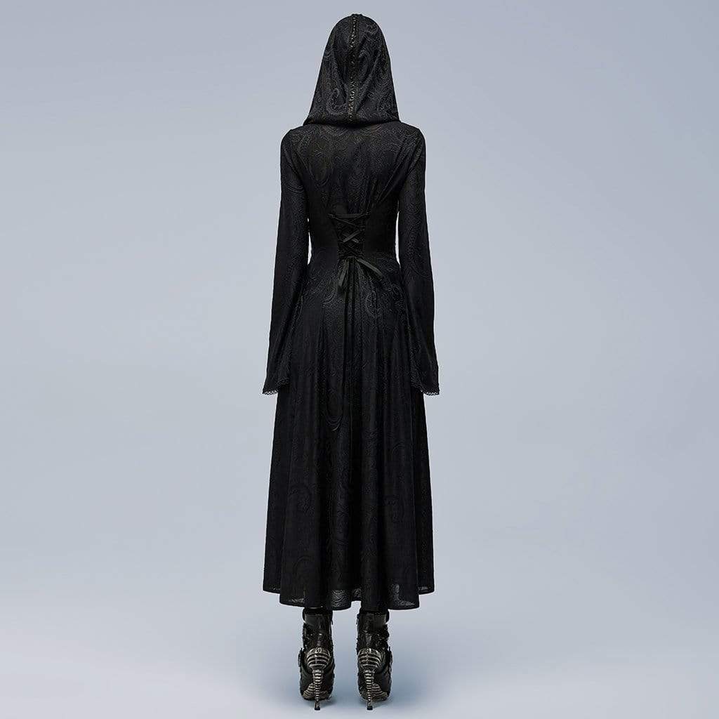 Punk Rave Women's Gothic Slim Fitted Cutout Maxi Dress with Hood