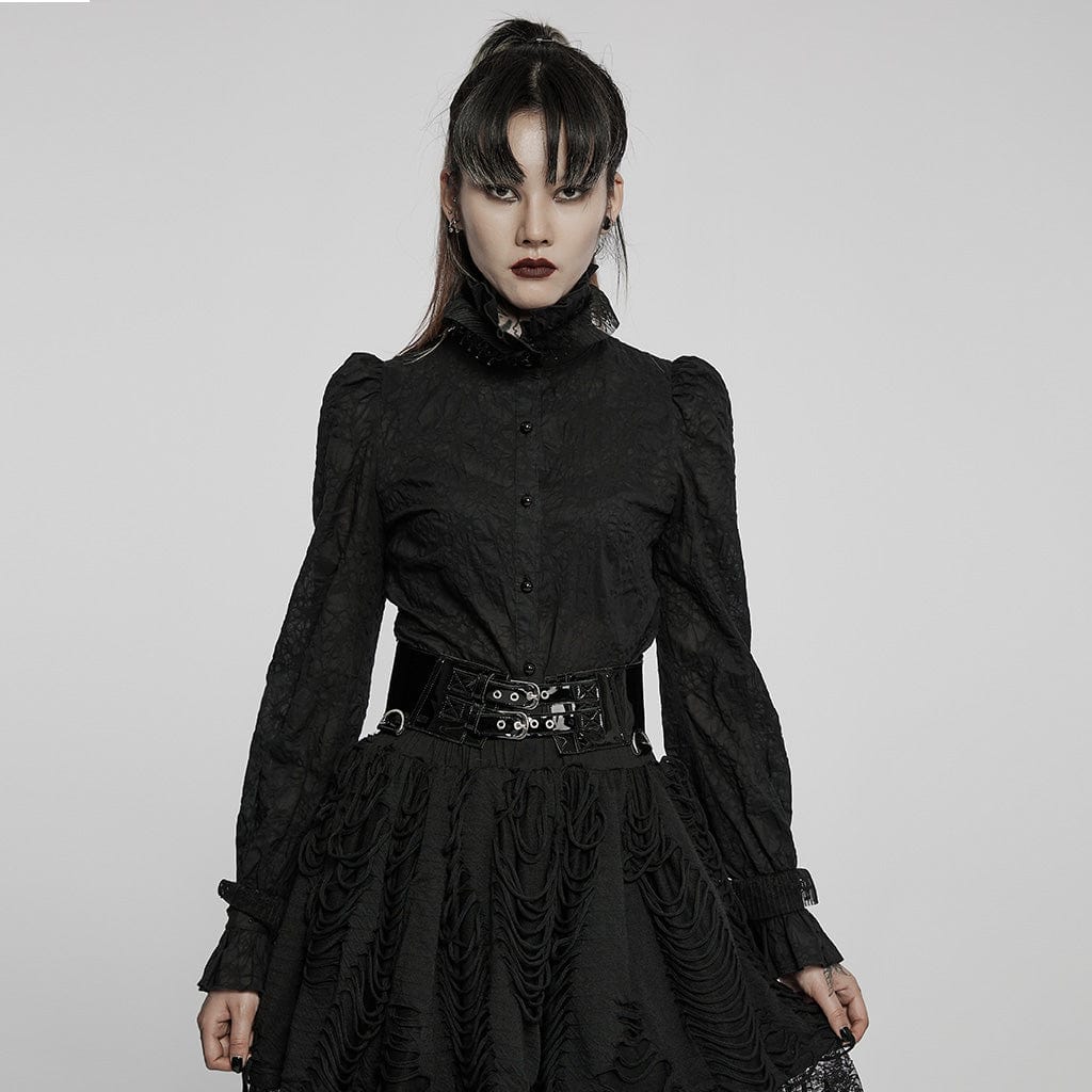 PUNK RAVE Women's Gothic Stand Collar Puff Sleeved Lace Shirt