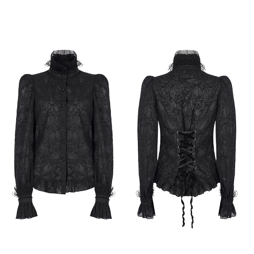 PUNK RAVE Women's Gothic Stand Collar Puff Sleeved Lace Shirt