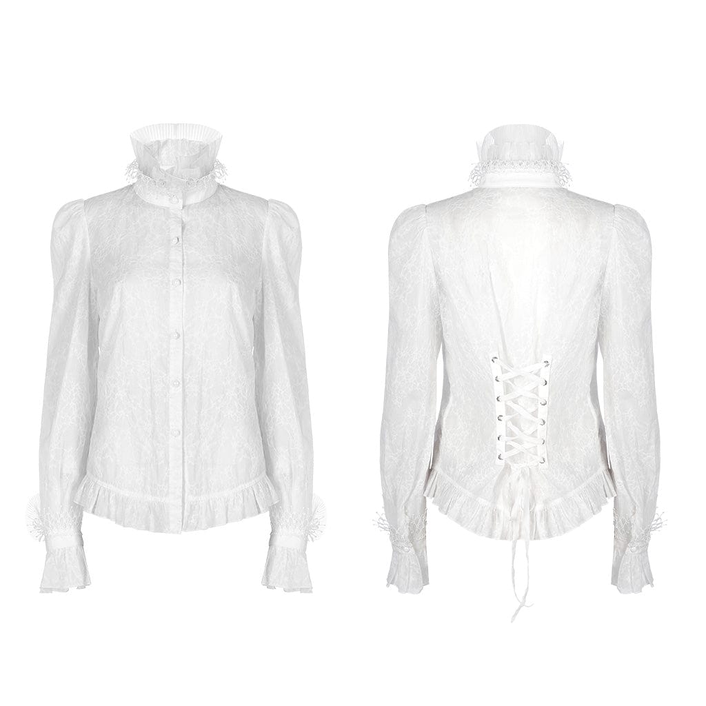 PUNK RAVE Women's Gothic Stand Collar Puff Sleeved Lace Shirt