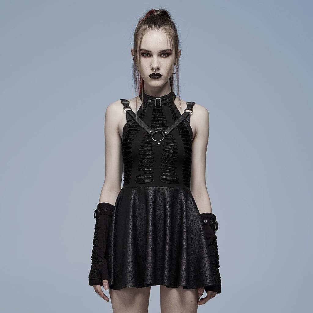 Punk Rave Women's Gothic Stand Collar Splice Ripped Slip Dress