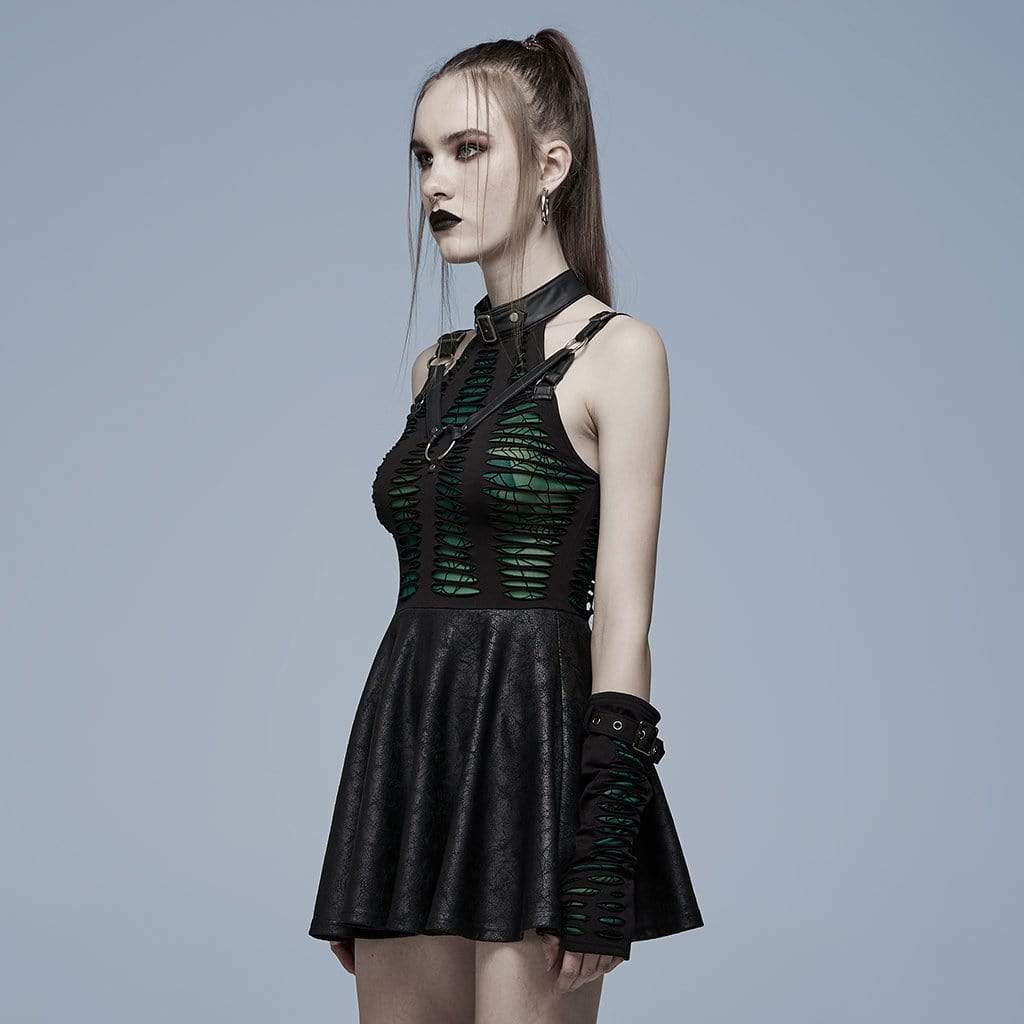 Punk Rave Women's Gothic Stand Collar Splice Ripped Slip Dress