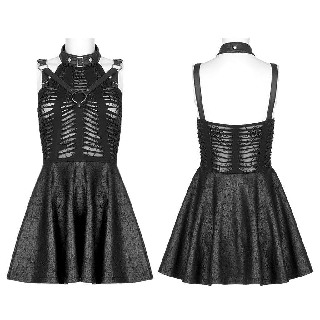 Punk Rave Women's Gothic Stand Collar Splice Ripped Slip Dress