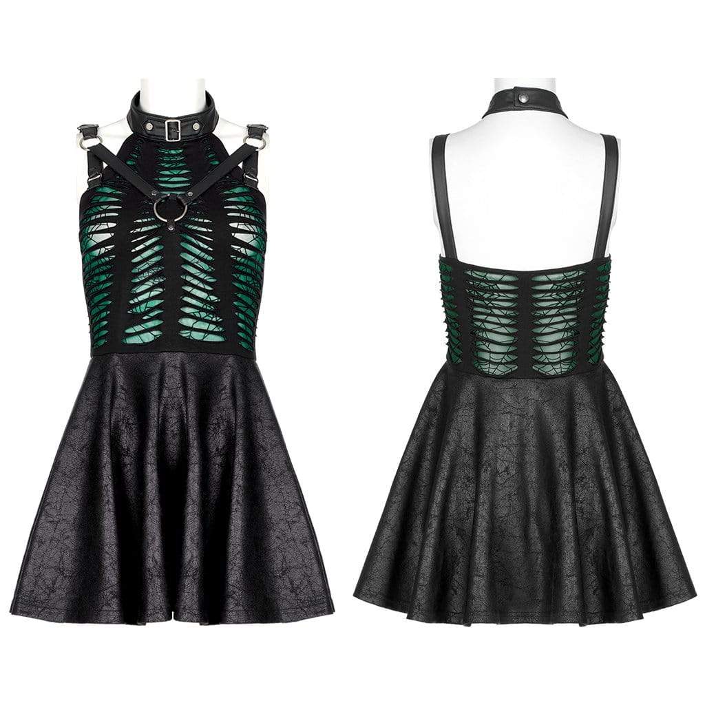 Punk Rave Women's Gothic Stand Collar Splice Ripped Slip Dress