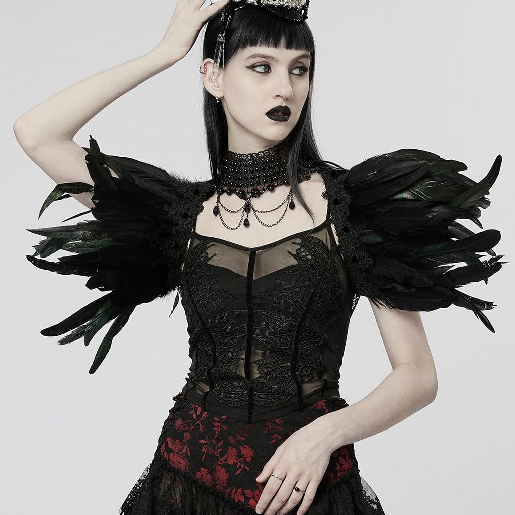PUNK RAVE Women's Gothic Strappy Feather Cape