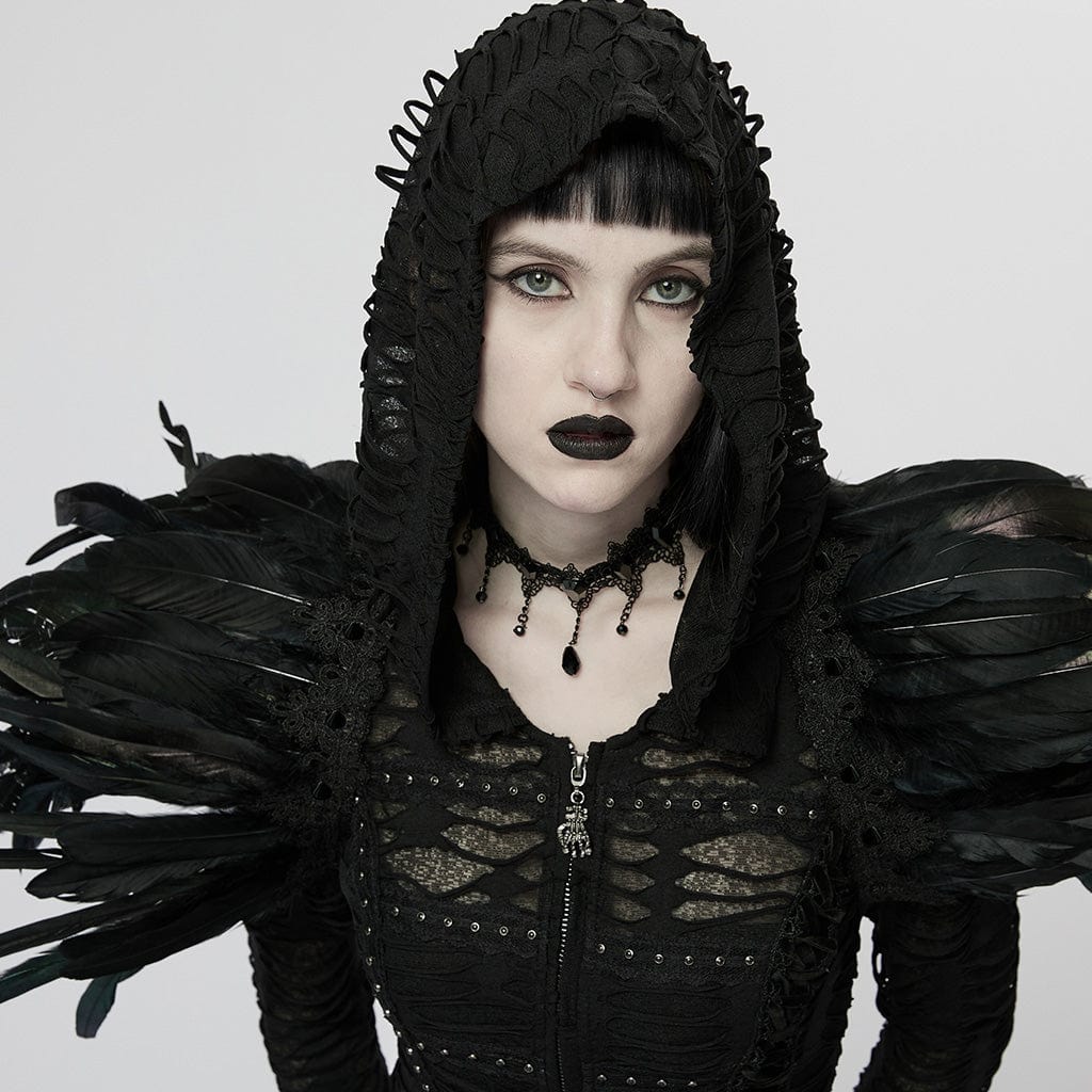 PUNK RAVE Women's Gothic Strappy Feather Cape