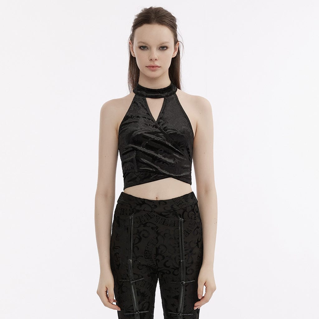 PUNK RAVE Women's Gothic Strappy Halterneck Embossed Velvet Bustier