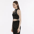 PUNK RAVE Women's Gothic Strappy Halterneck Embossed Velvet Bustier