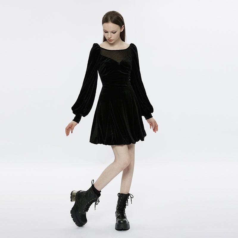 PUNK RAVE Women's Gothic Strappy Puff Sleeved Velvet Dress