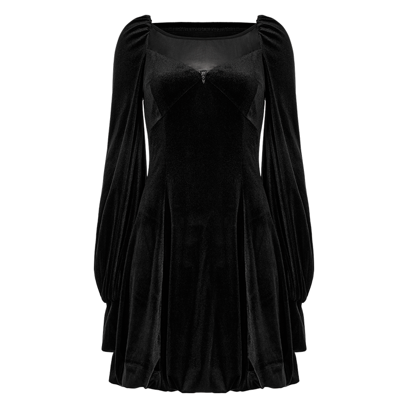 PUNK RAVE Women's Gothic Strappy Puff Sleeved Velvet Dress