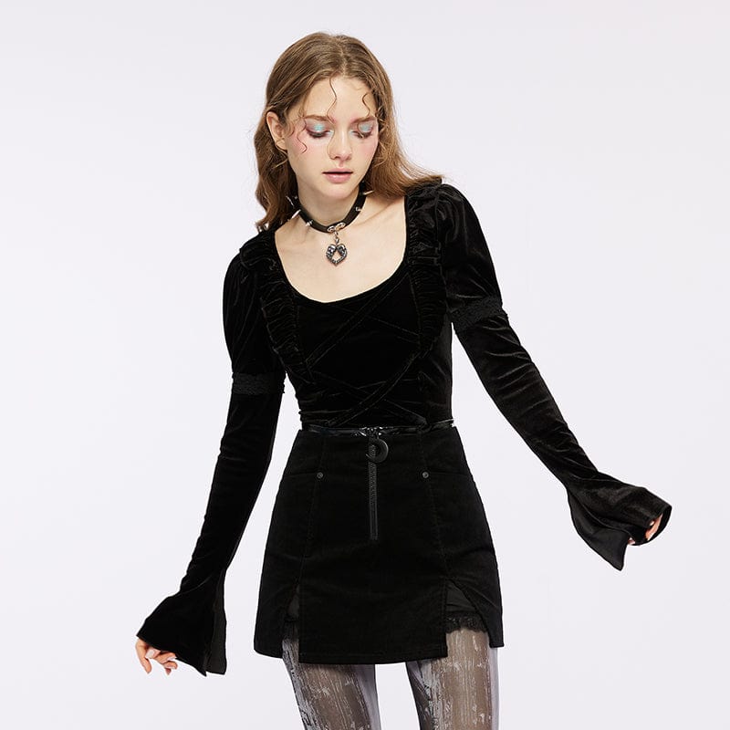 PUNK RAVE Women's Gothic Strappy Puff Sleeved Velvet Shirt