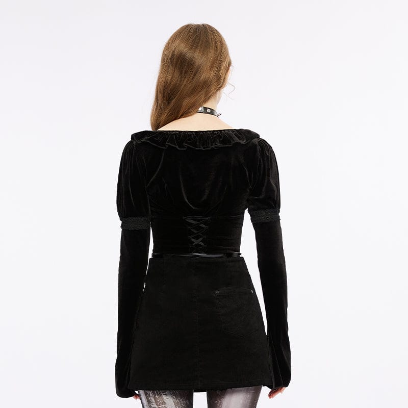 PUNK RAVE Women's Gothic Strappy Puff Sleeved Velvet Shirt