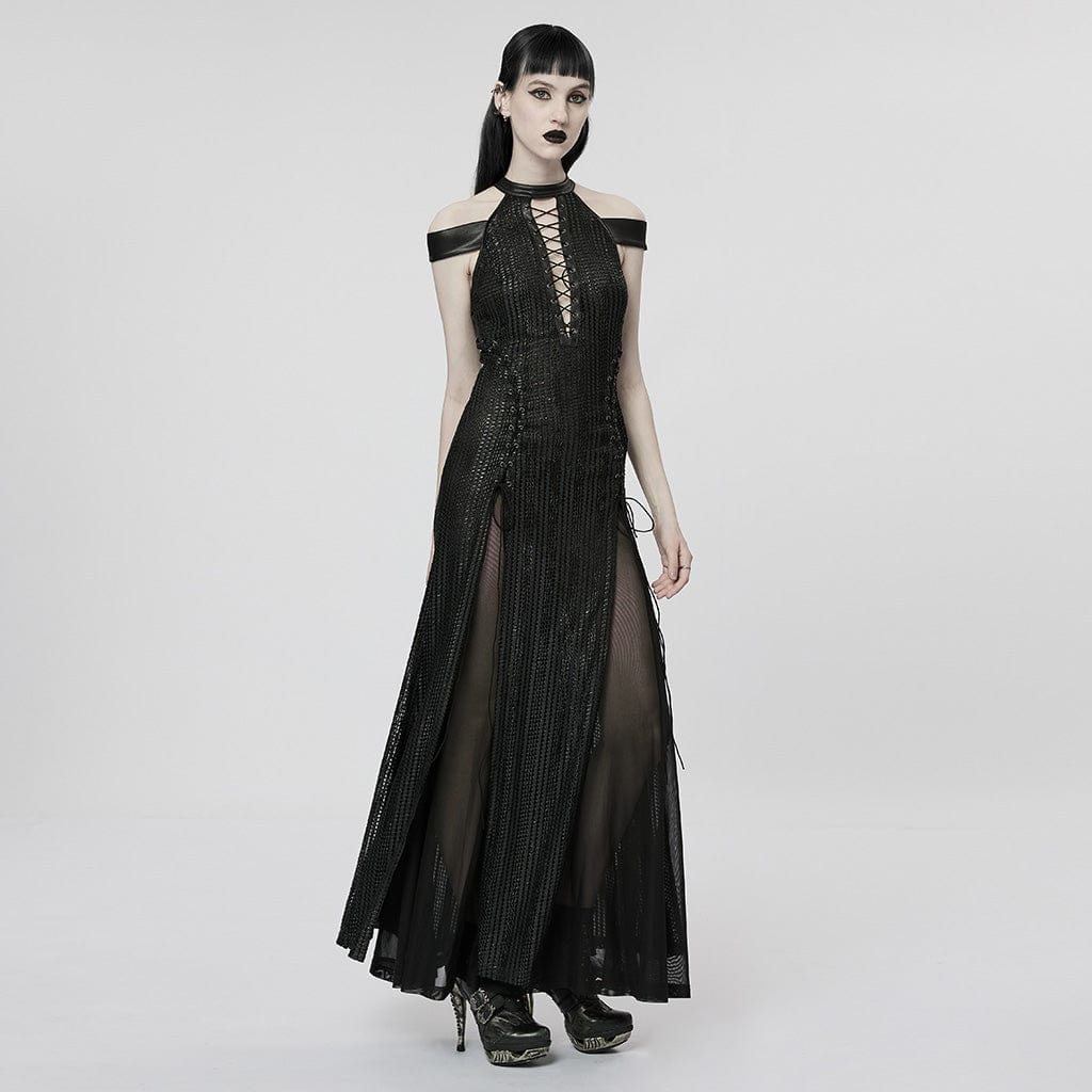 PUNK RAVE Women's Gothic Strappy Side Slit Dress with Detachable Cape