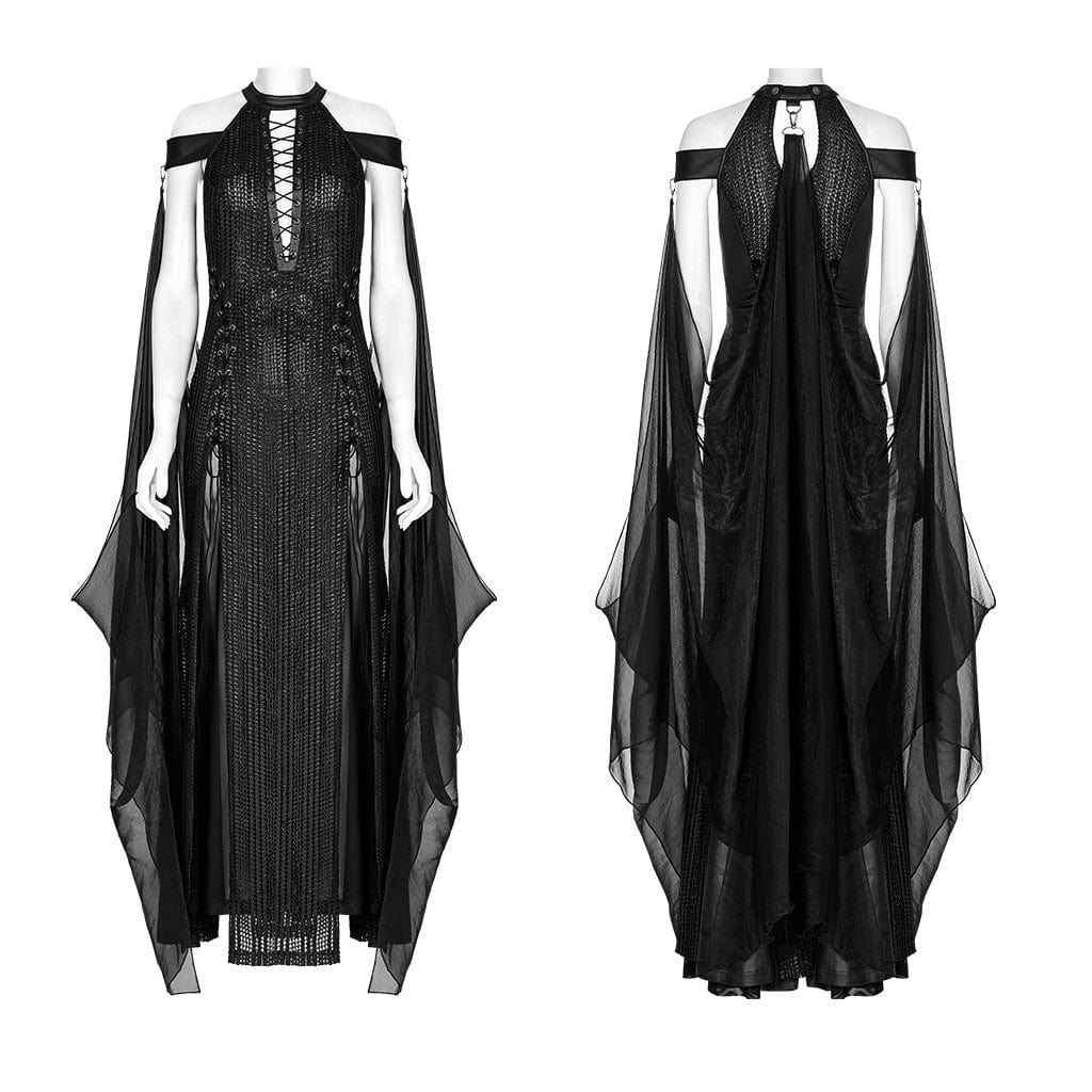 PUNK RAVE Women's Gothic Strappy Side Slit Dress with Detachable Cape