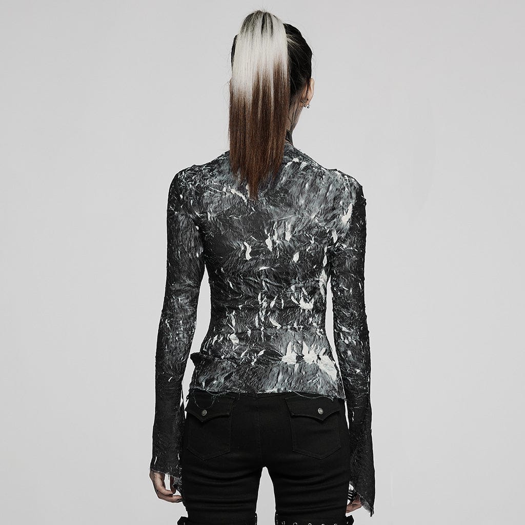 PUNK RAVE Women's Gothic Tie-dye Irregular Hem Long Sleeved Shirt