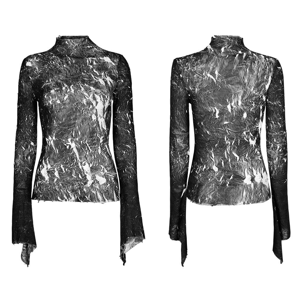 PUNK RAVE Women's Gothic Tie-dye Irregular Hem Long Sleeved Shirt