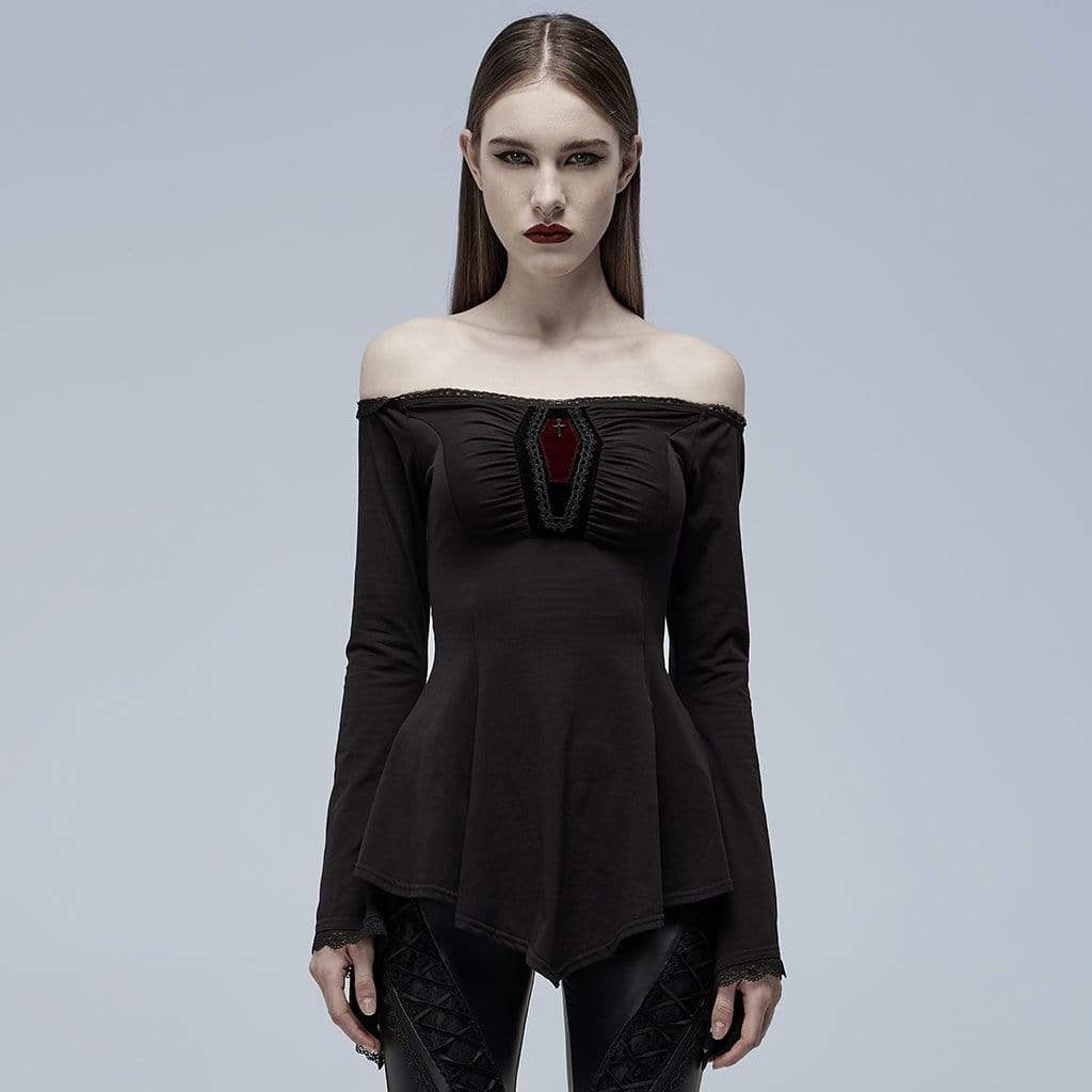 Punk Rave Women's Gothic Toned Horn Sleeved Off Shoulder Shirt