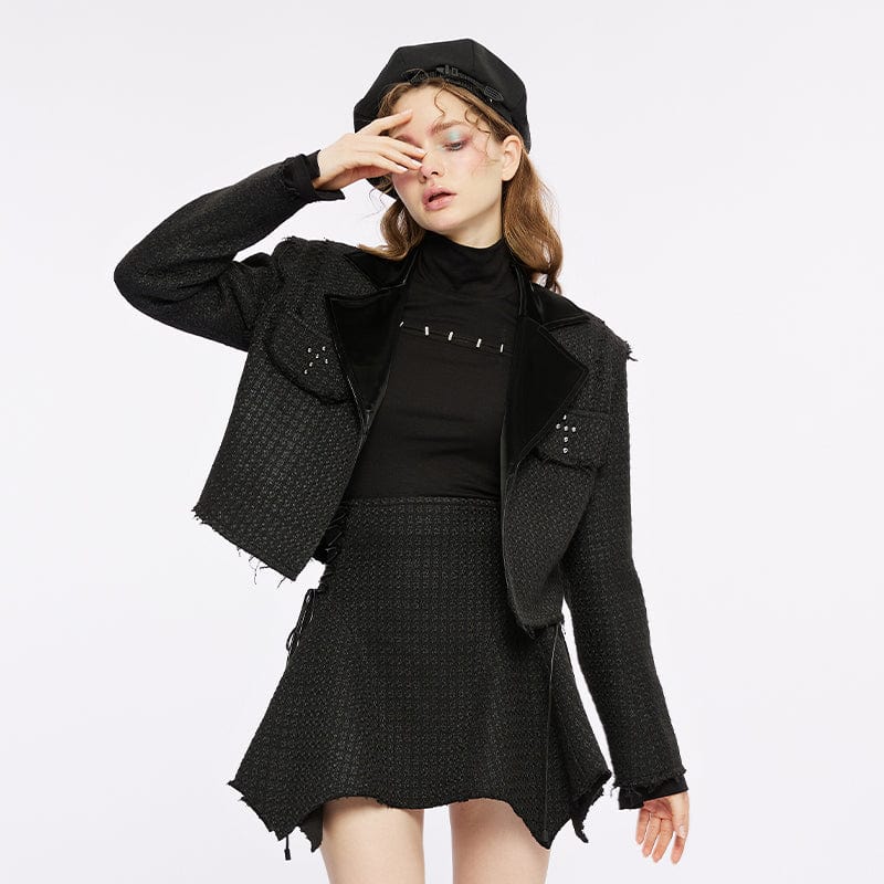 PUNK RAVE Women's Gothic Turn-down Collar Unedged Coat