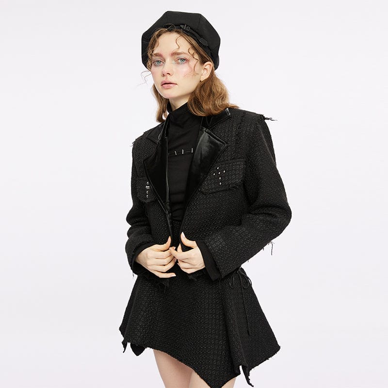 PUNK RAVE Women's Gothic Turn-down Collar Unedged Coat