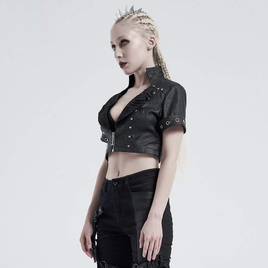 Women's Gothic V-neck Front Zip Crop Tops With Rivets